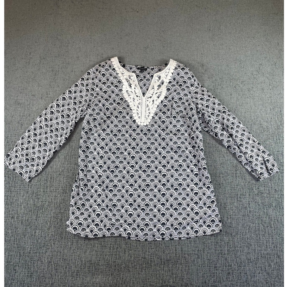 Talbots Womens Medium Navy White Scallop Print Crochet Trim V-Neck Tunic Top